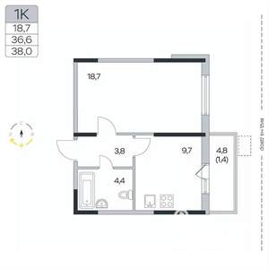 1-к квартира, вторичка, 38м2, 3/9 этаж