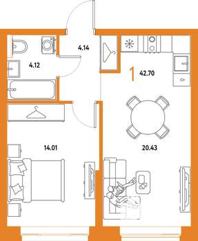 1-к квартира, строящийся дом, 43м2, 7/25 этаж