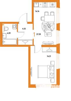 1-к квартира, строящийся дом, 38м2, 18/25 этаж