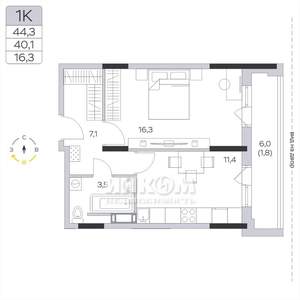 1-к квартира, вторичка, 40м2, 7/9 этаж
