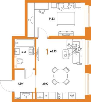 1-к квартира, строящийся дом, 45м2, 19/25 этаж