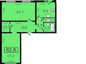 2-к квартира, вторичка, 62м2, 11/17 этаж