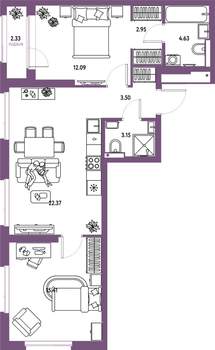 3-к квартира, строящийся дом, 66м2, 2/25 этаж