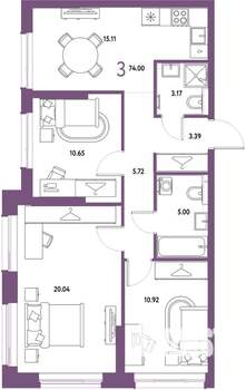 3-к квартира, строящийся дом, 74м2, 5/25 этаж