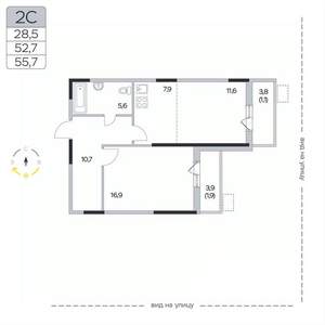 2-к квартира, вторичка, 56м2, 9/9 этаж