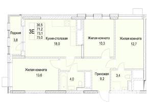 3-к квартира, строящийся дом, 73м2, 12/23 этаж