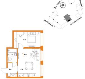 1-к квартира, вторичка, 45м2, 21/6 этаж