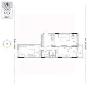 2-к квартира, строящийся дом, 65м2, 9/9 этаж